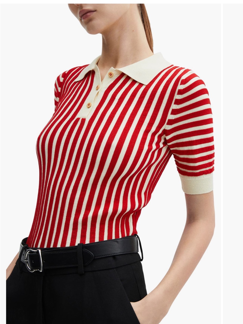Mango Red & Cream Striped Polo Knit Top